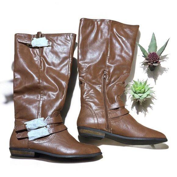 Madden Girl Boots Size 8 Cognac Brown Elsie Riding Style Knee High Buckle Strap - Picture 2 of 9